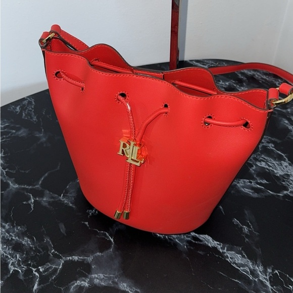 LAUREN RALPH LAUREN Andie Medium Leather Red Drawstring Bag AUTHENTIC - Picture 5 of 11